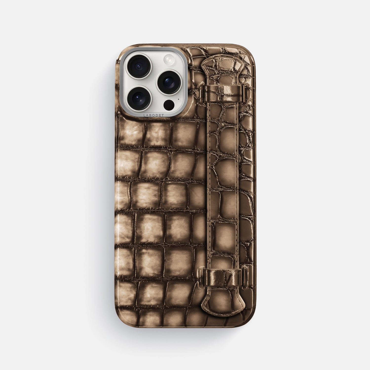 Etoupe iPhone 16 Pro Max Handle Case Patina Alligator with Steel Metal -1 | Etoupe-Steel
