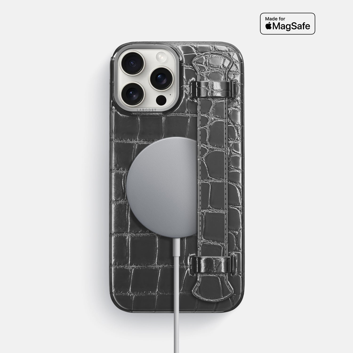 Grey iPhone 16 Pro Max Handle Case Patina Alligator with Steel Metal -5 | Grey-Steel
