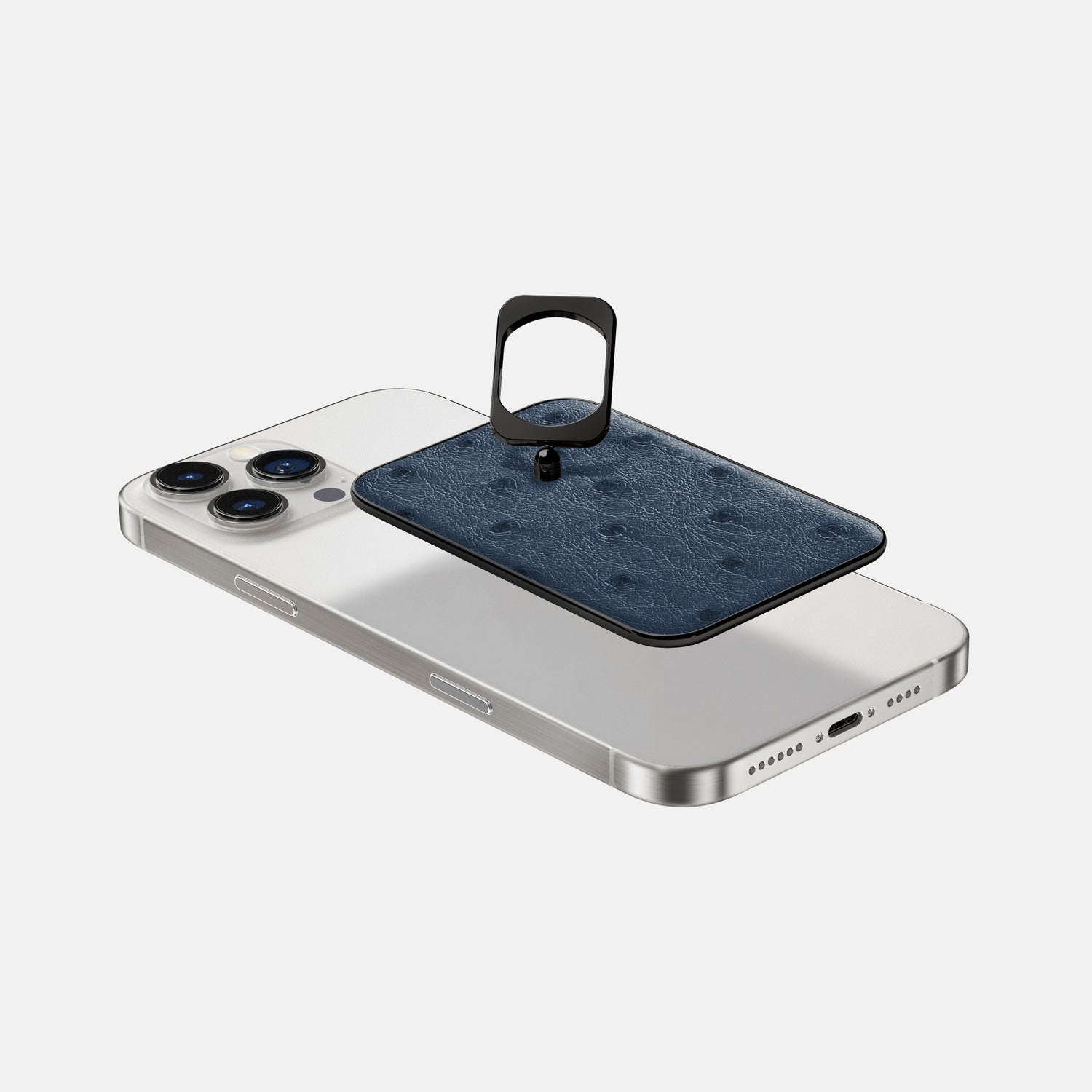 Navy-Blue iPhone 16 Pro MagSafe Ring Ostrich with Black Metal -4 | Navy-Blue-Black