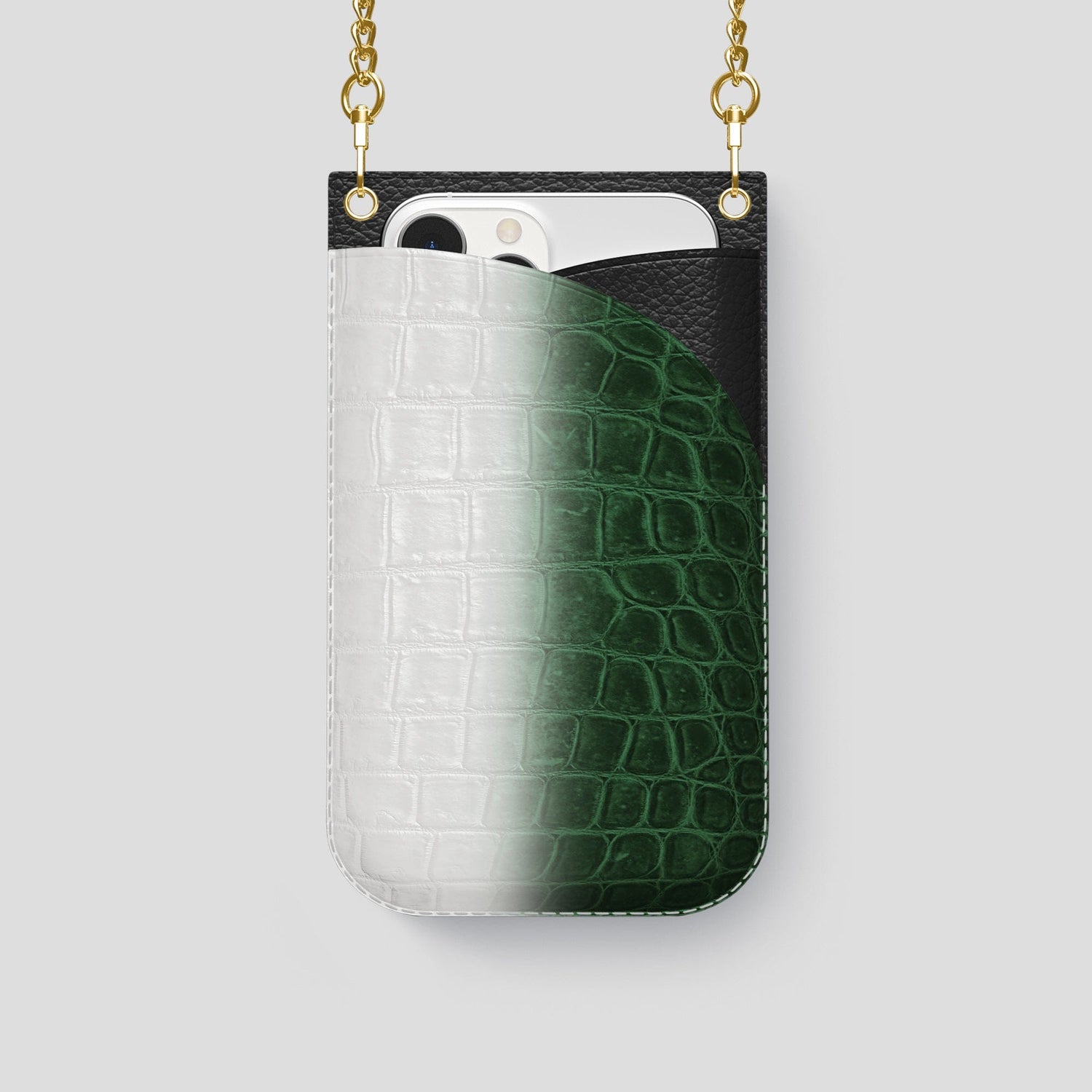 Green iPhone 14 Pro Crossbody Bag Himalayan Crocodile with Gold Metal -1 | Green-Gold