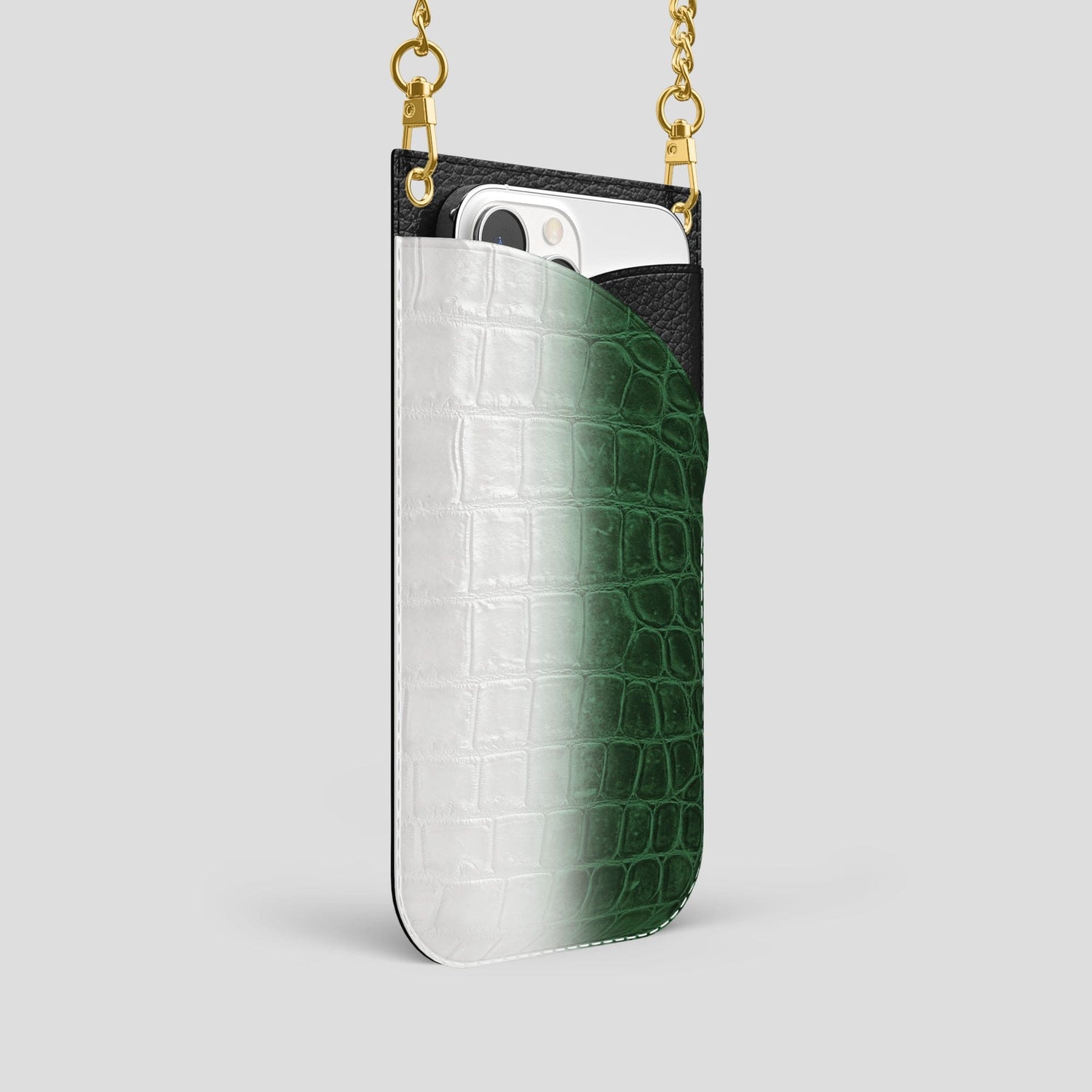 Green iPhone 14 Pro Crossbody Bag Himalayan Crocodile with Gold Metal -2 | Green-Gold
