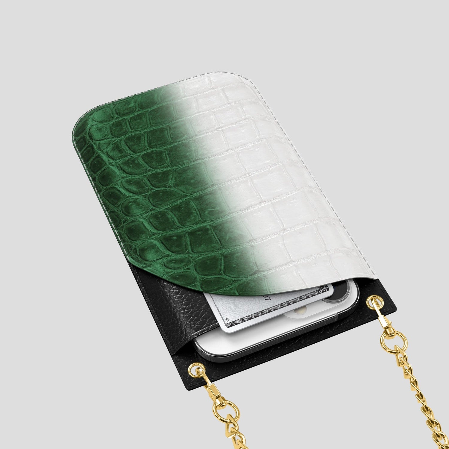 Green iPhone 14 Pro Crossbody Bag Himalayan Crocodile with Gold Metal -5 | Green-Gold