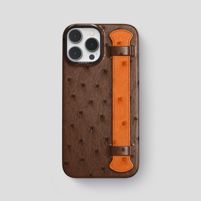 Chocolate-Medium-Brown iPhone 13 Pro Max Handle Case Colore Ostrich with Black Metal -1 | Chocolate-Medium-Brown-Black