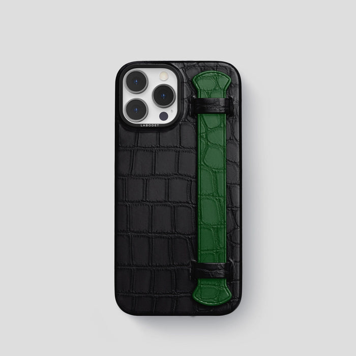 Black-Forest-Green iPhone 15 Pro Strap Case Alligator with Black Metal -1 | Black-Forest-Green-Black