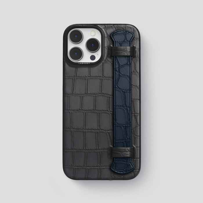 Grey-Navy-Blue iPhone 15 Pro Max Strap Case Alligator with Black Metal -1 | Grey-Navy-Blue-Black