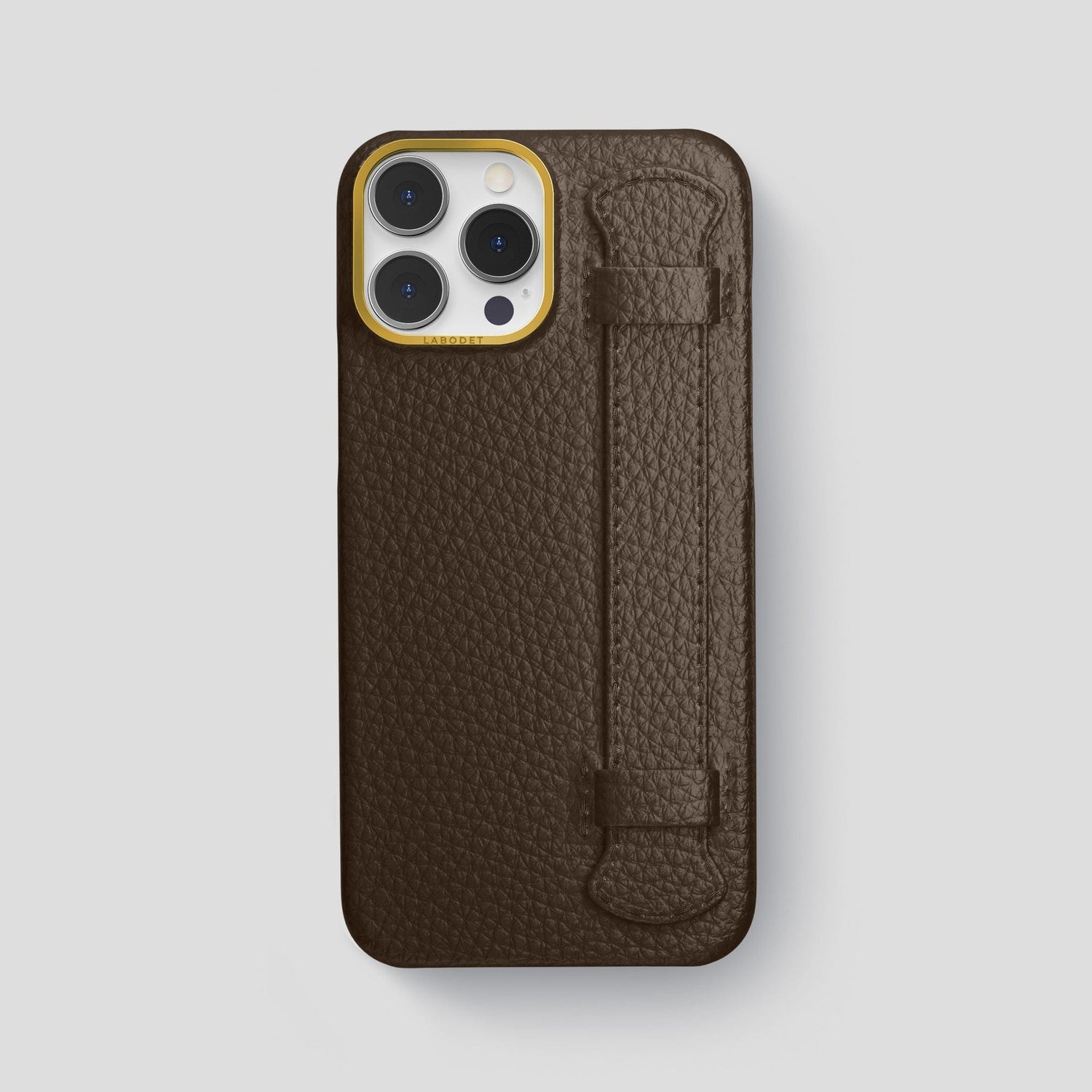 Dark Brown iPhone 15 Pro Max Strap Case Calf with Gold Metal -1 | Dark-Brown-Gold