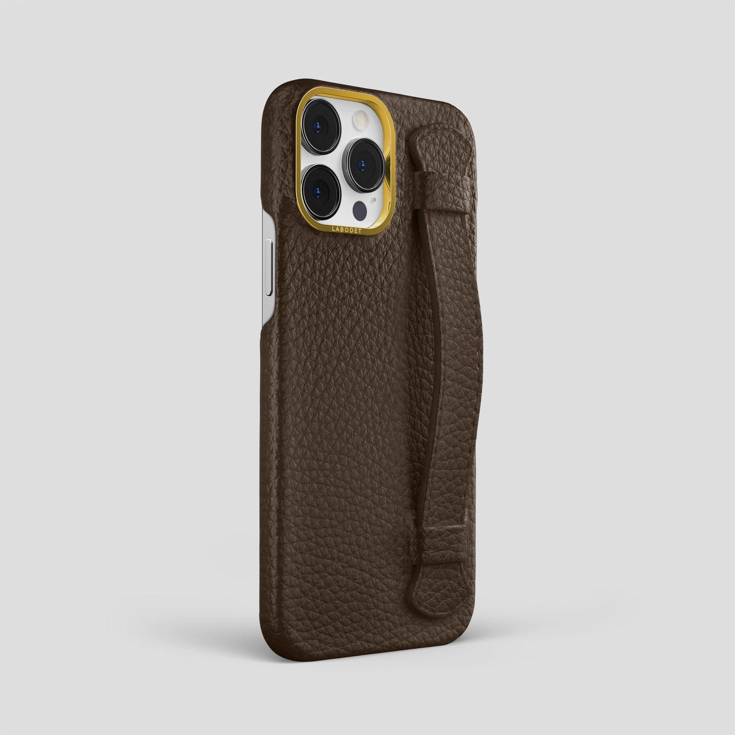 Dark Brown iPhone 15 Pro Max Strap Case Calf with Gold Metal -2 | Dark-Brown-Gold
