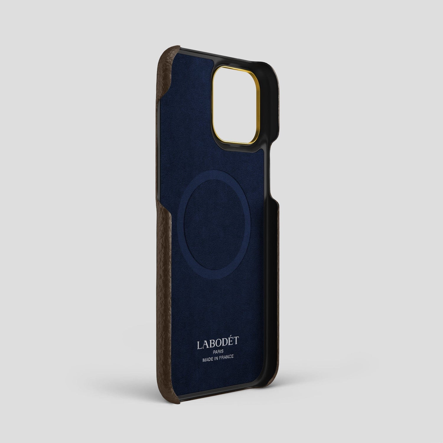 Dark Brown iPhone 15 Pro Max Strap Case Calf with Gold Metal -4 | Dark-Brown-Gold