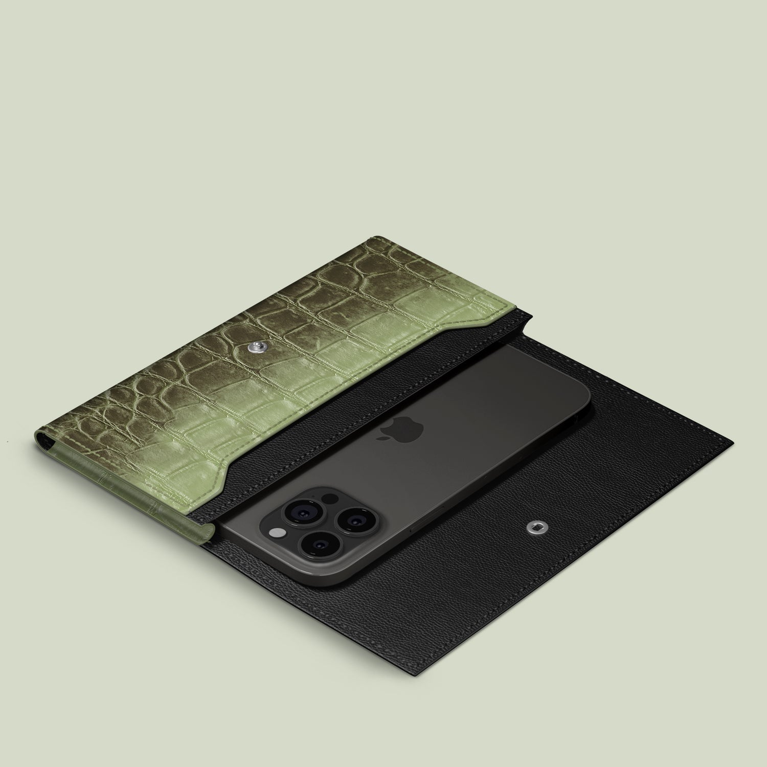 Celadon Green iPhone 16 Pro Wallet Case In Himalayan Crocodile -2 | Celadon-Green