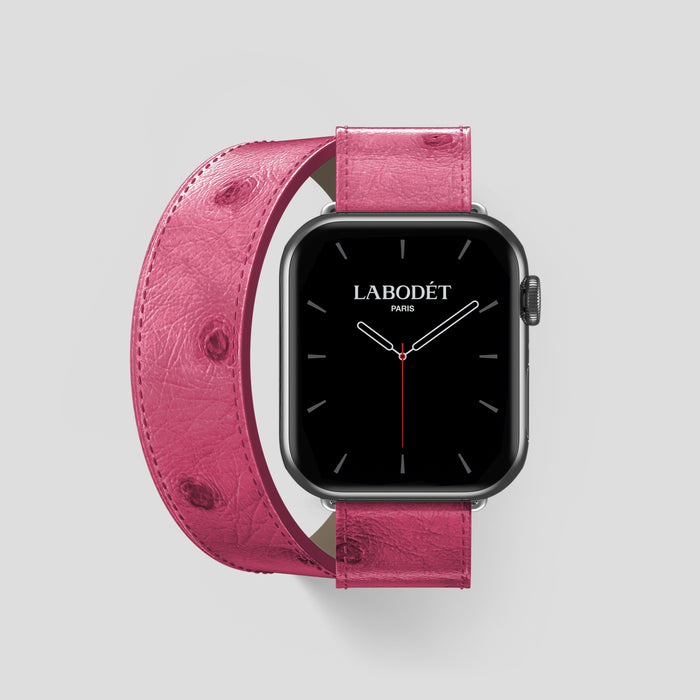 Pink Apple Watch 46mm Double Strap Ostrich with Steel Metal -1 | Pink-Steel