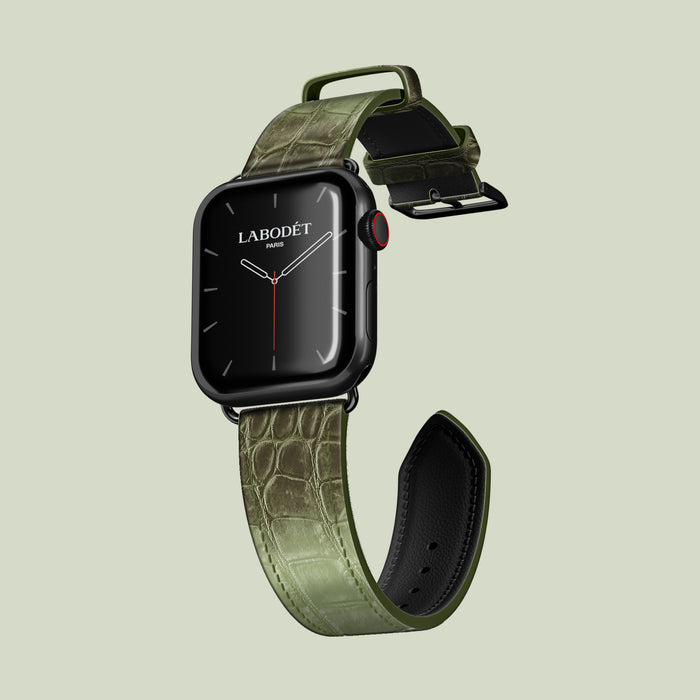Classic Strap Celadon Green For Apple Watch 46mm In Himalayan Crocodile with Black Metal -1 | Celadon-Green-Black