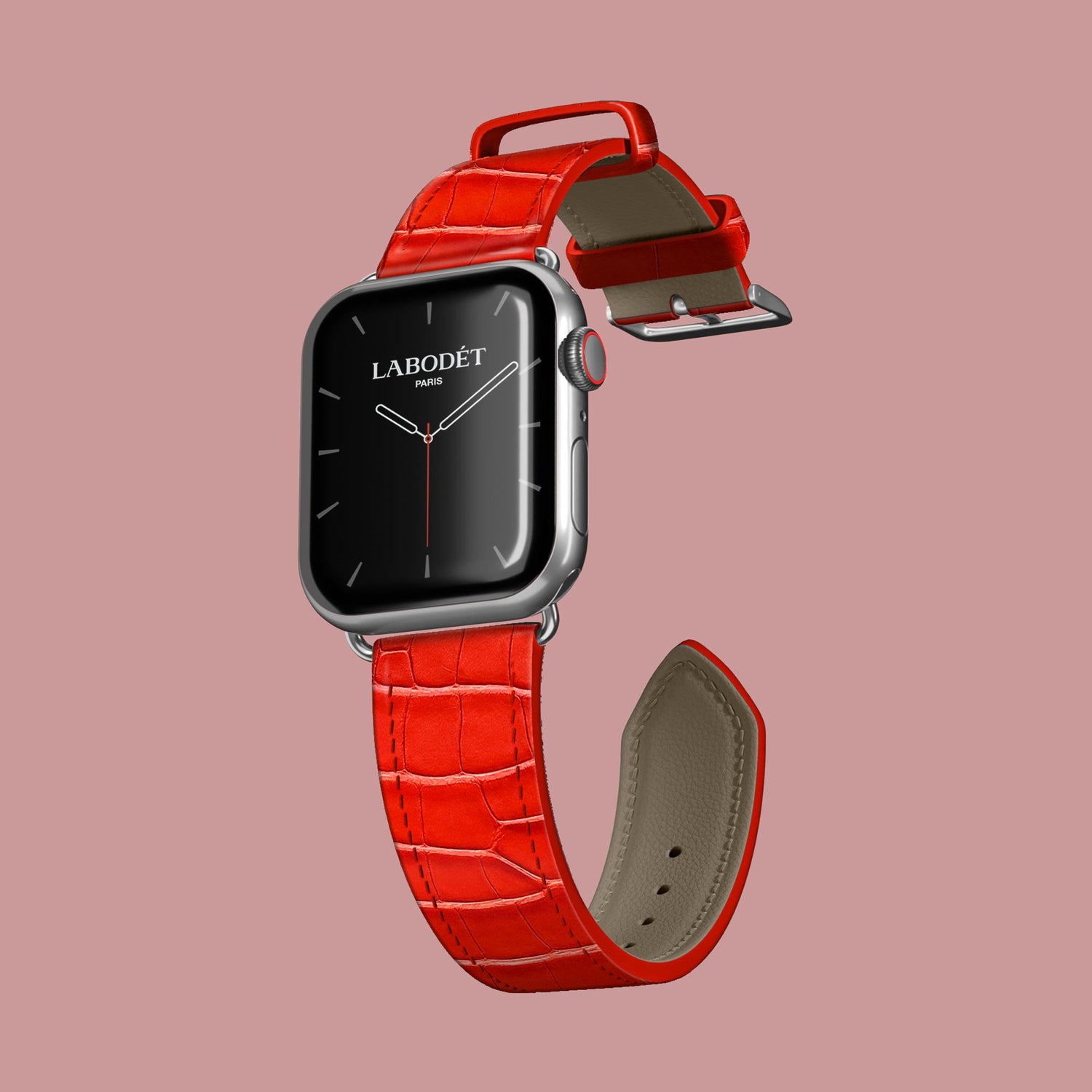 Deep-Coral Apple Watch Strap Classic 46 1/1 Alligator with Steel Metal -1 | Deep-Coral-Steel