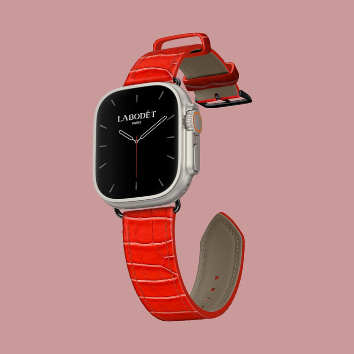 Deep-Coral Apple Watch Strap Classic 49 Ultra 1/1 Alligator with Black Metal -1 | Deep-Coral-Black