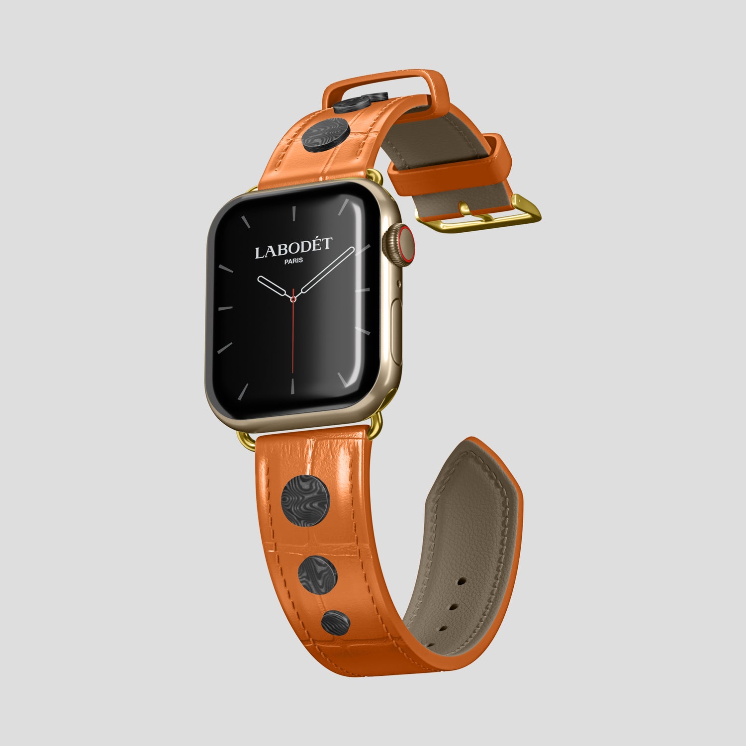 Orange Classic Strap For Apple Watch 46mm In Alligator with Gold Metal -1 | Orange-Gold