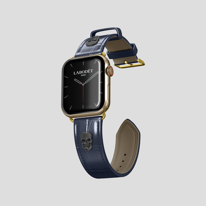 Navy Blue Classic Strap For Apple Watch 42mm In Alligator with Gold Metal -1 | Navy-Blue-Gold