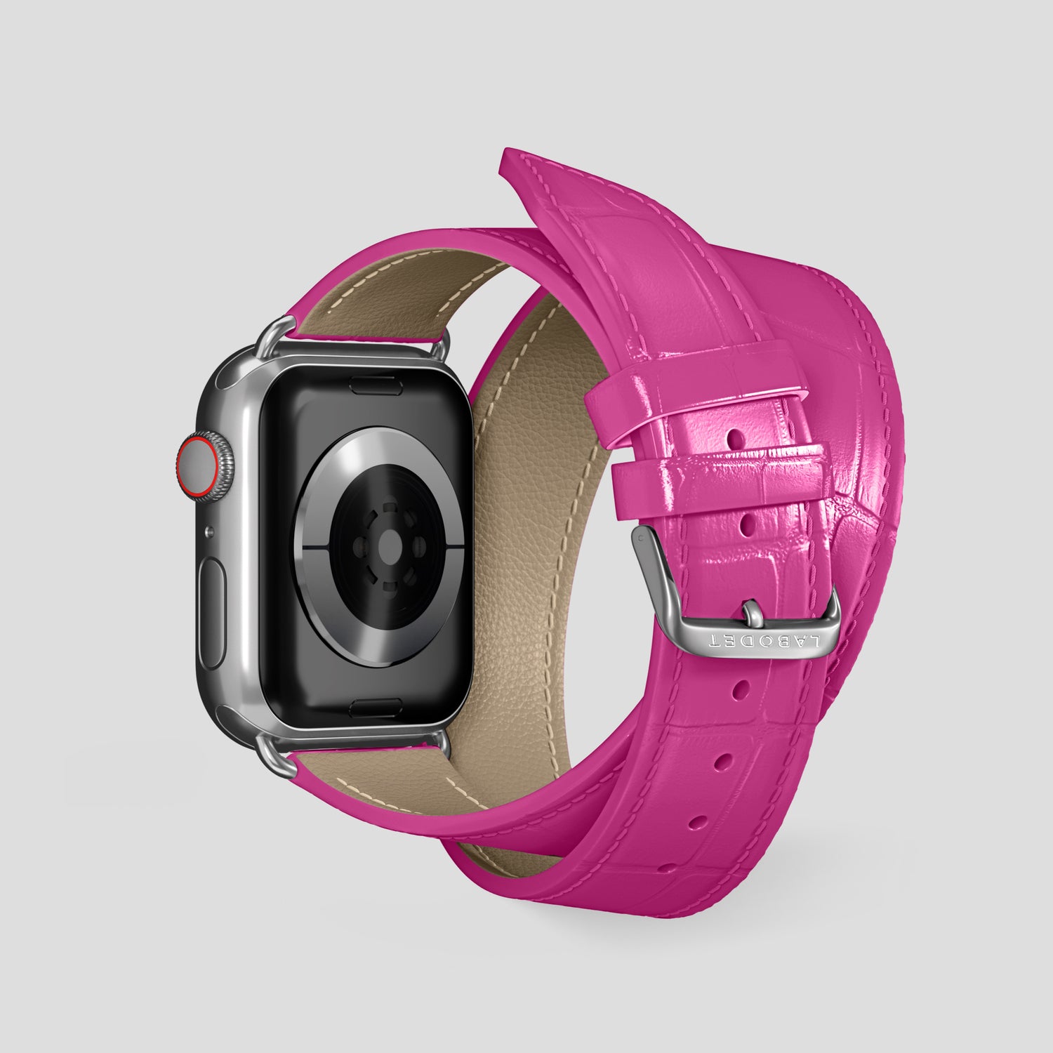 Fuchsia Double Strap For Apple Watch 46mm In Alligator with Steel Metal -2 | Fuchsia-Steel