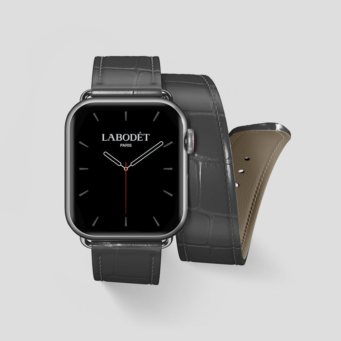 Double Strap For Apple Watch Grey In Alligator with Steel Metal -1 | Grey-Steel
