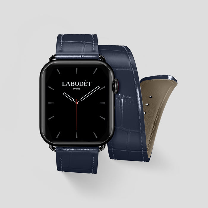 Double Strap For Apple Watch Navy-Blue In Alligator with Black Metal -1 | Navy-Blue-Black