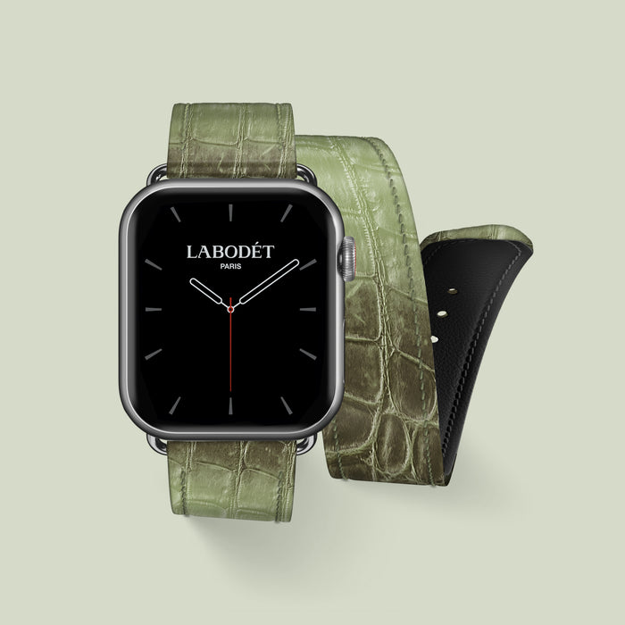 Double Strap For Apple Watch 42mm Celadon Green In Himalayan Crocodile with Steel Metal -1 | Celadon-Green-Steel