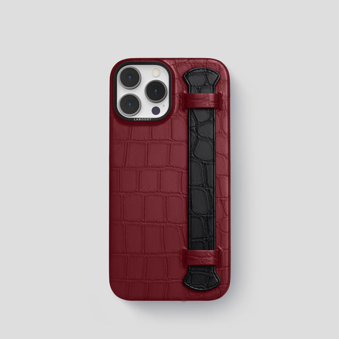 Burgundy-Black iPhone 13 Pro Strap Case Alligator with Black Metal -1 | Burgundy-Black-Black