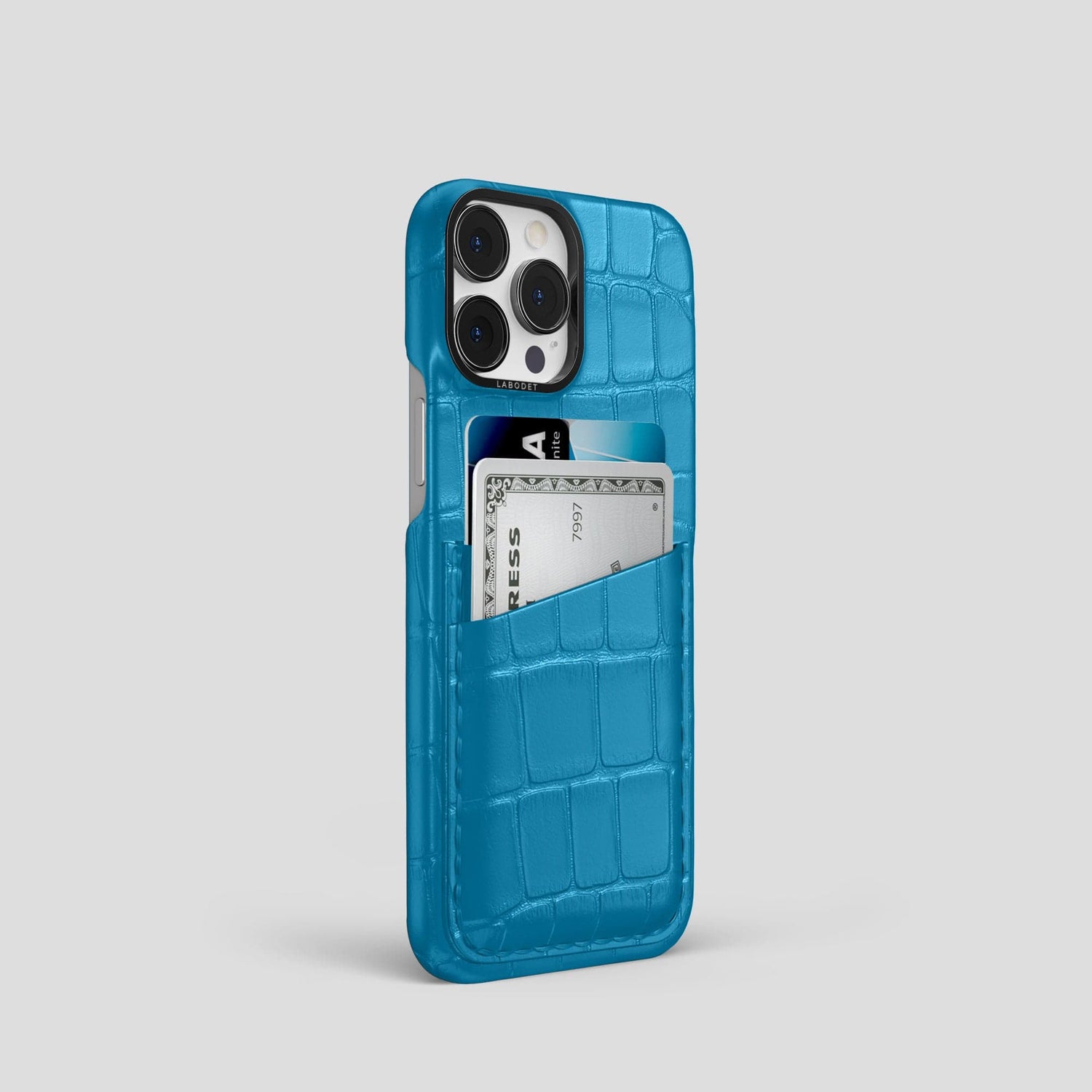Curaçao-Blue iPhone 13 Pro Card Case Alligator with Black Metal -2 | Curaçao-Blue-Black