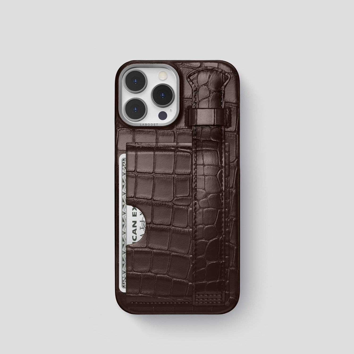 Dark Brown iPhone 13 Pro Cardholder Strap Case Alligator with Steel Metal -1 | Dark-Brown-Steel