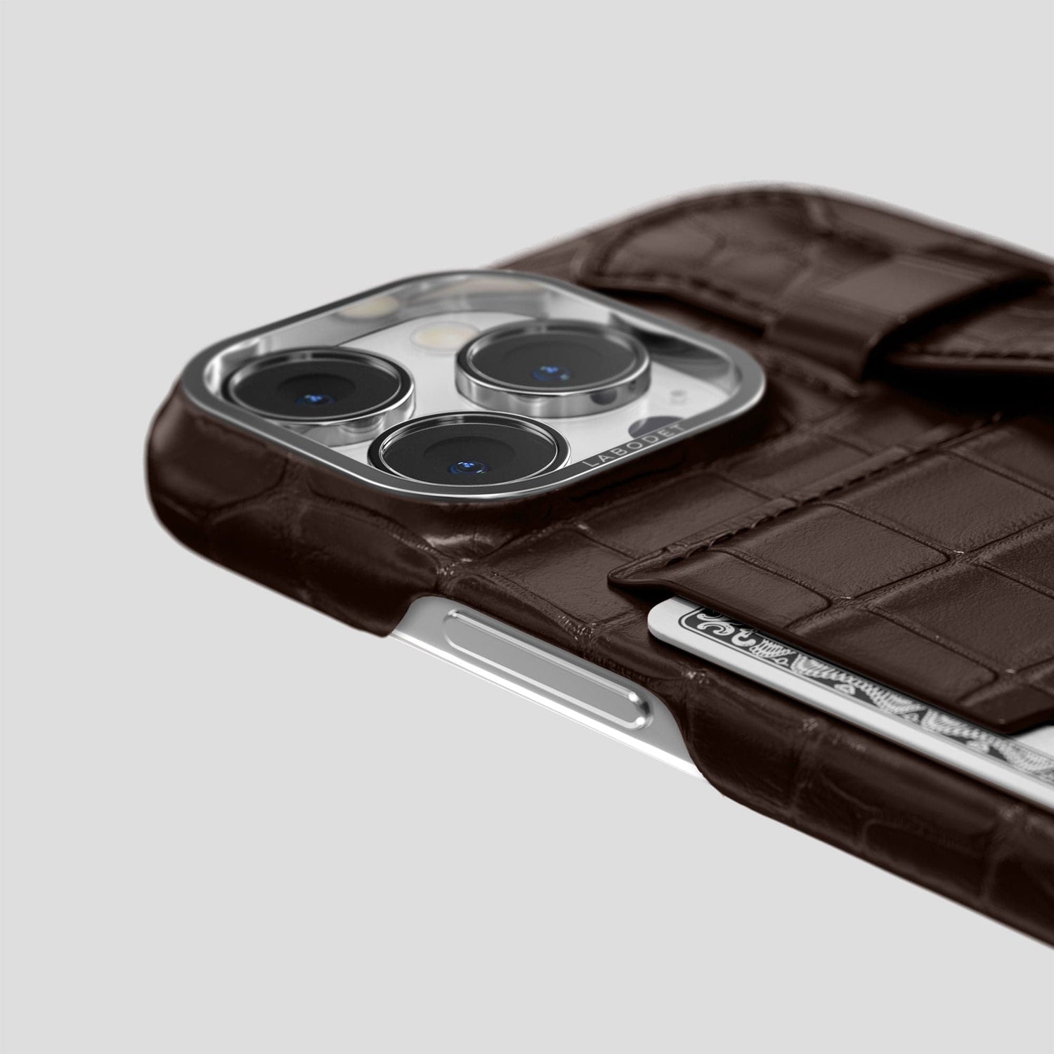 Dark Brown iPhone 13 Pro Cardholder Strap Case Alligator with Steel Metal -5 | Dark-Brown-Steel