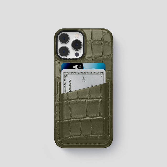 Kaki-Green iPhone 13 Pro Card Case Alligator with Black Metal -1 | Kaki-Green-Black