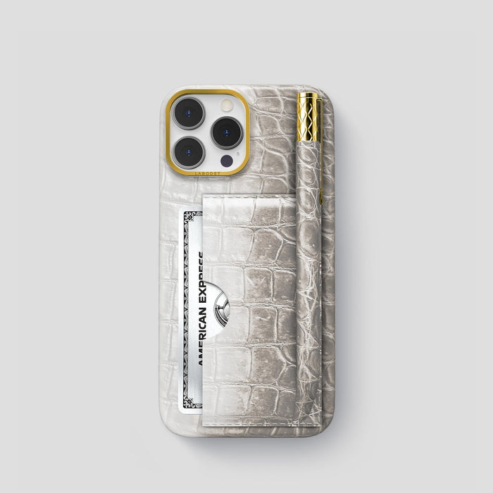 Light iPhone 14 Pro Himalaya Сard and Pen Holder Case with Gold Metal -1 | Light-Gold