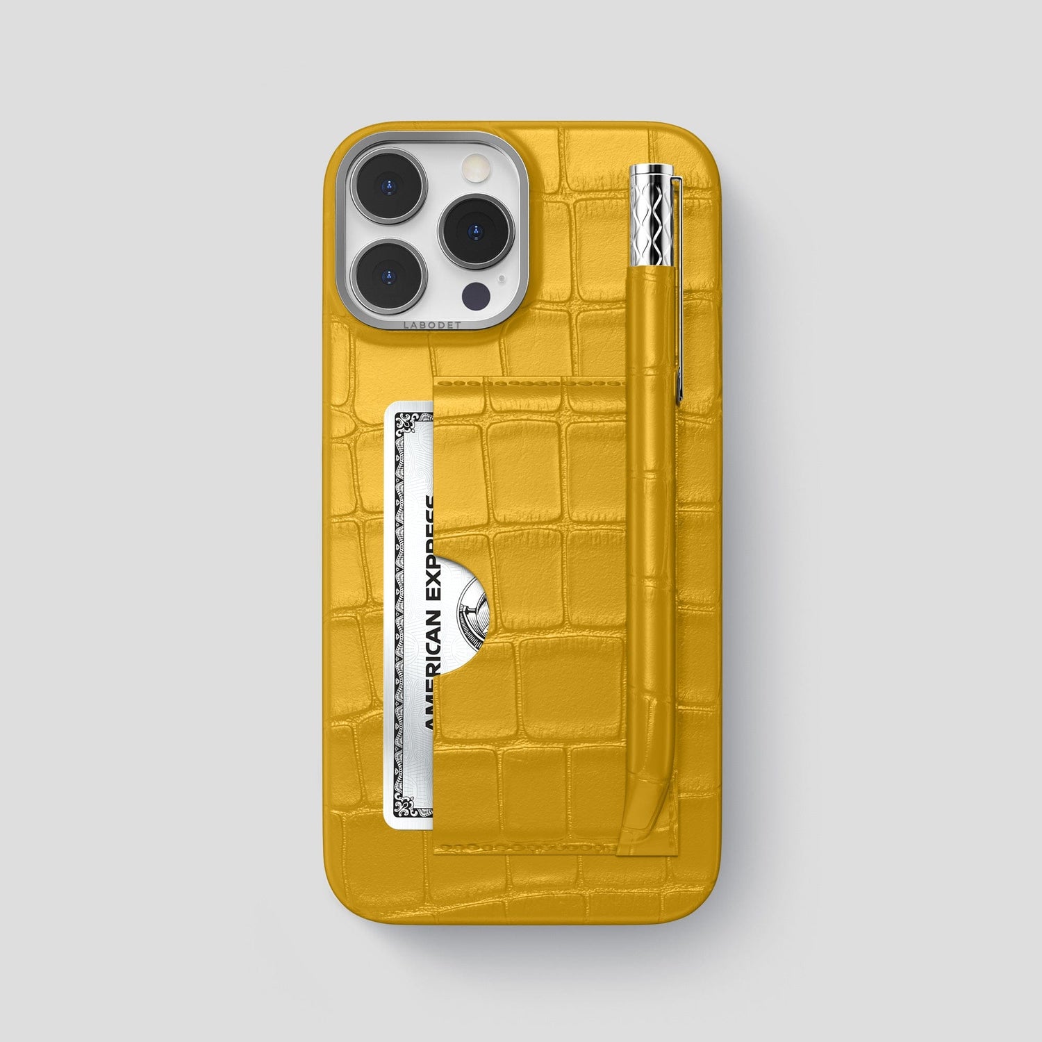 Yellow iPhone 14 Pro Max Card and Pen Holder Case Alligator with Steel Metal -1 | Yellow-Steel