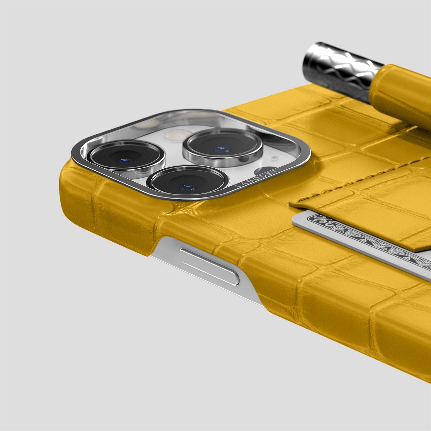 Yellow iPhone 14 Pro Max Card and Pen Holder Case Alligator with Steel Metal -4 | Yellow-Steel