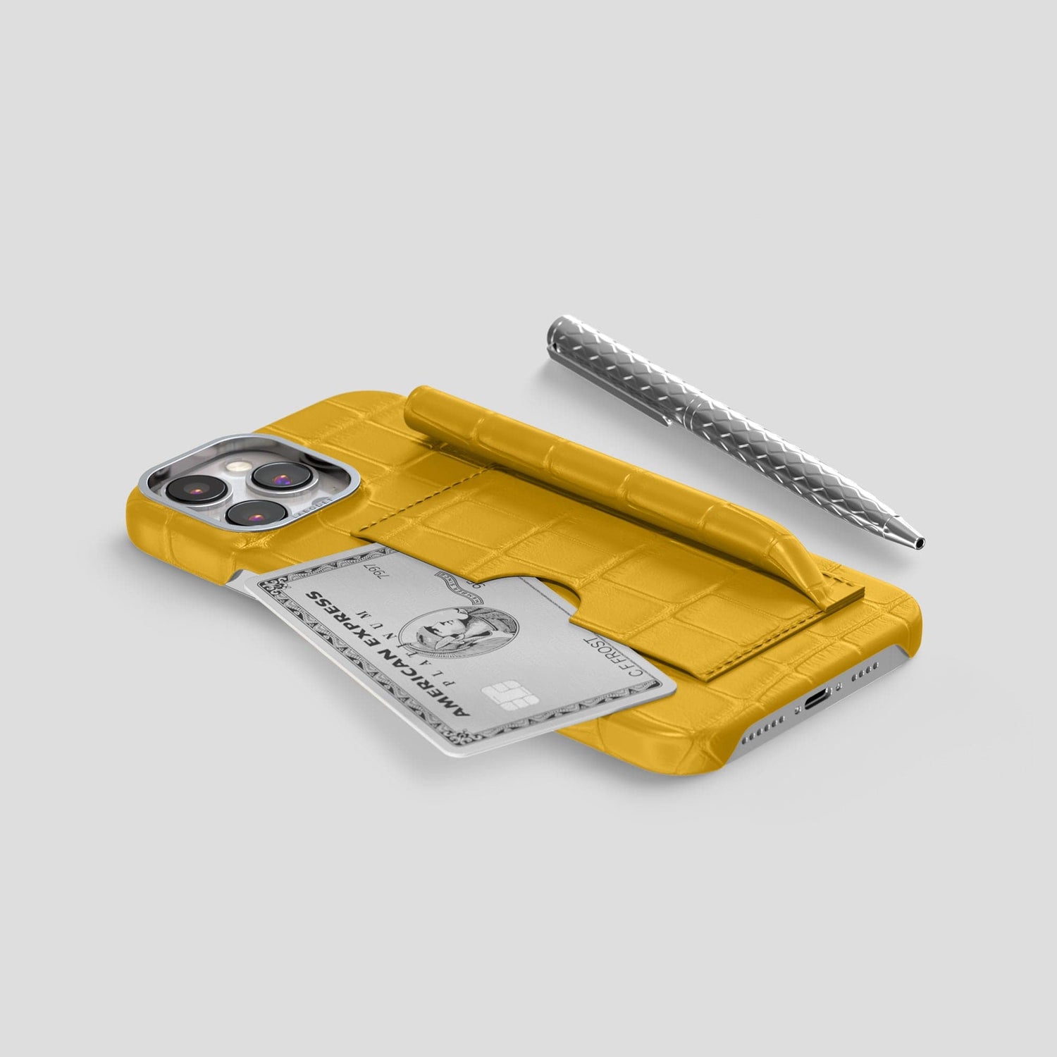 Yellow iPhone 14 Pro Max Card and Pen Holder Case Alligator with Steel Metal -5 | Yellow-Steel