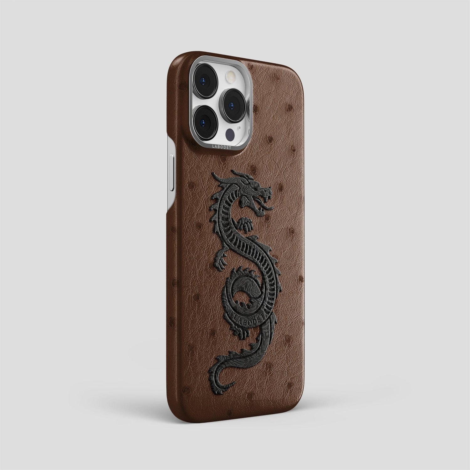 Chocolate iPhone 14 Pro Max Classic Case Ostrich with Steel Metal -2 | Chocolate-Steel