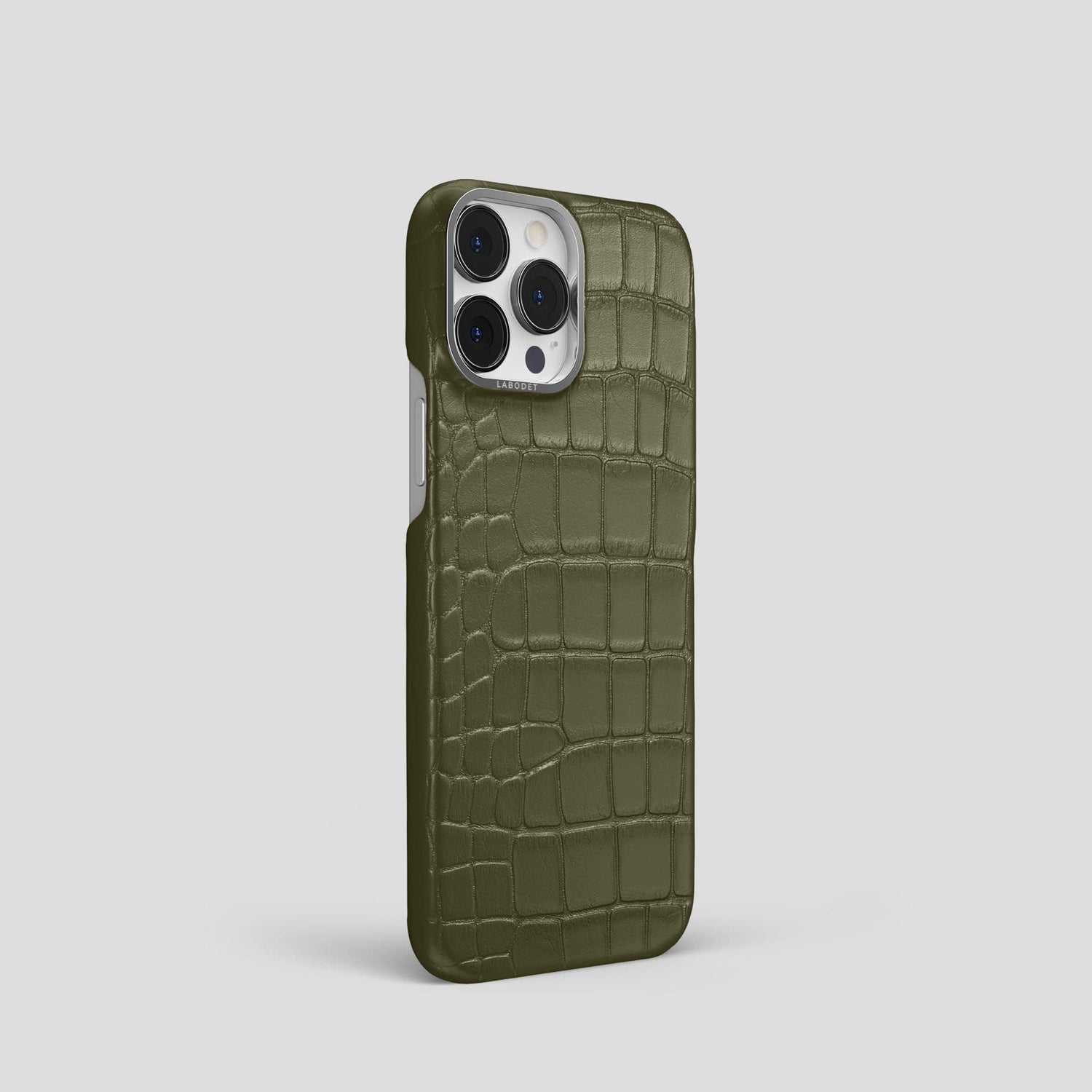 Kaki-Green iPhone 14 Pro Classic Case Alligator with Steel Metal -2 | Kaki-Green-Steel