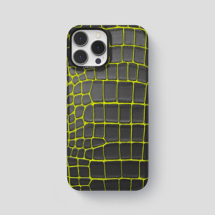 Neon-Yellow iPhone 14 Pro Max Classic Case Luminescent Alligator with Black Metal -1 | Neon-Yellow-Black