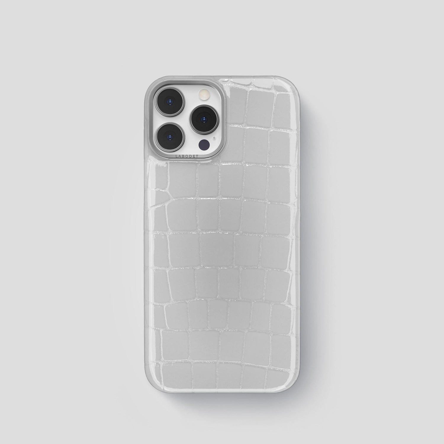 White iPhone 14 Shiny Alligator with Steel Metal -1 | White-Steel