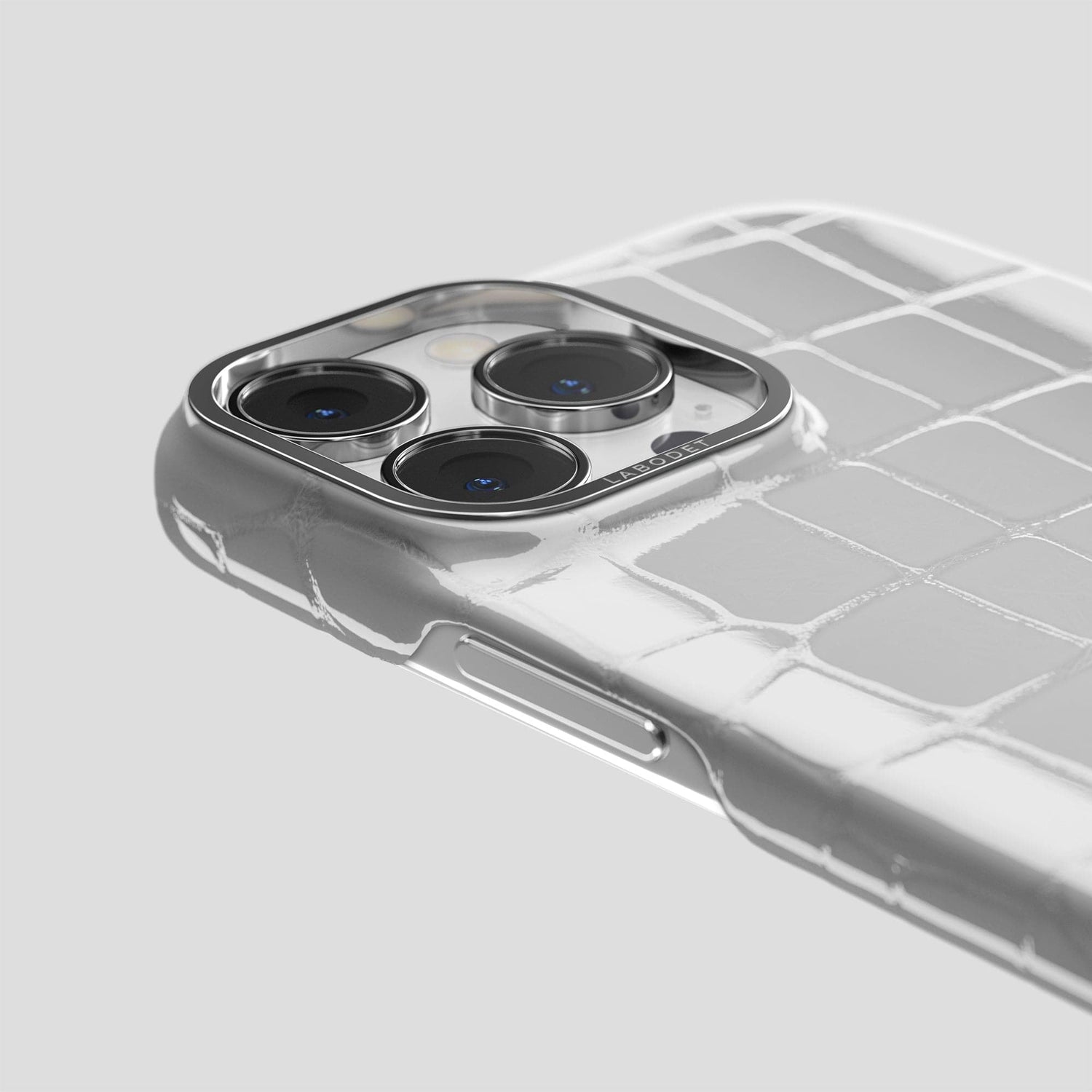 White iPhone 14 Shiny Alligator with Steel Metal -6 | White-Steel