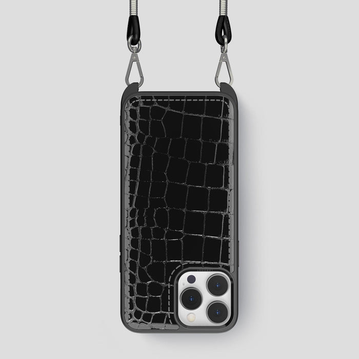 Black iPhone 14 Pro Crossbody Sport Case Shiny Alligator -1 | Black