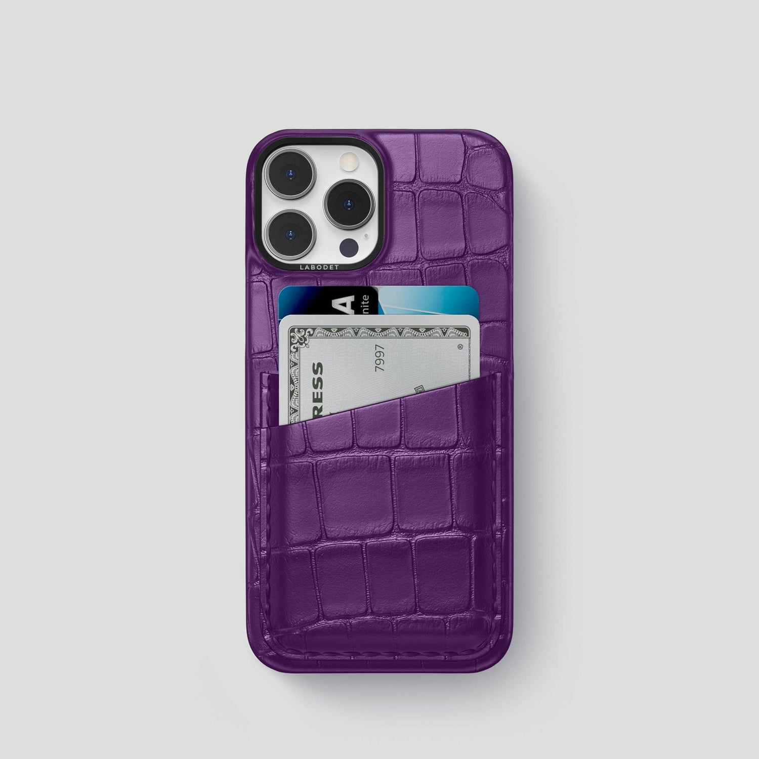 Purple iPhone 14 Pro Card Case Alligator with Black Metal -1 | Purple-Black