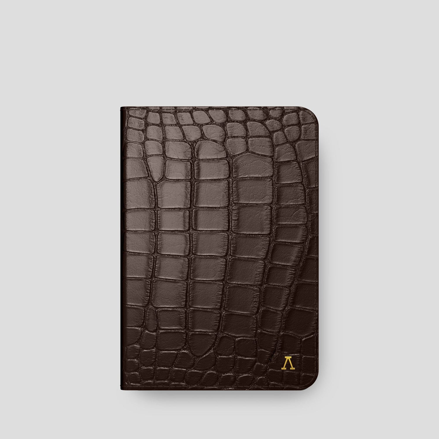 Dark Brown iPad Mini Folio Case Alligator with Gold Metal -5 | Dark-Brown-Gold