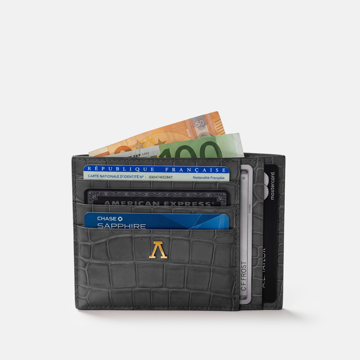 10 Cards Wallet In Alligator -4 | Grey-Gold