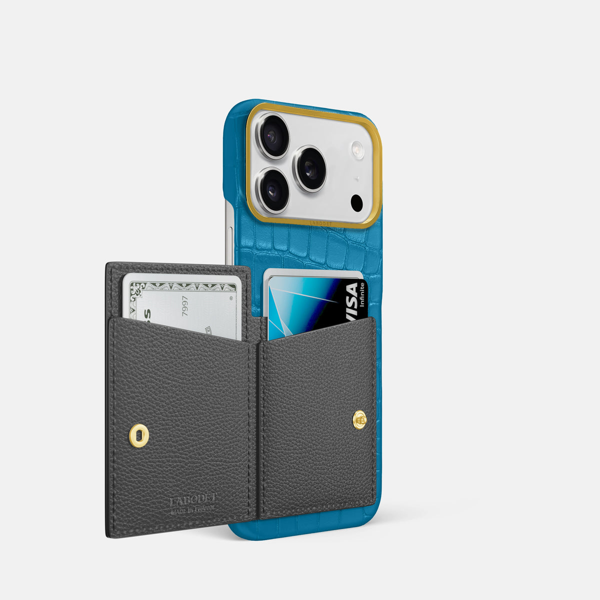 Bi-Fold Case For iPhone 17 Pro In Alligator -2 | Curaçao-Blue-Gold