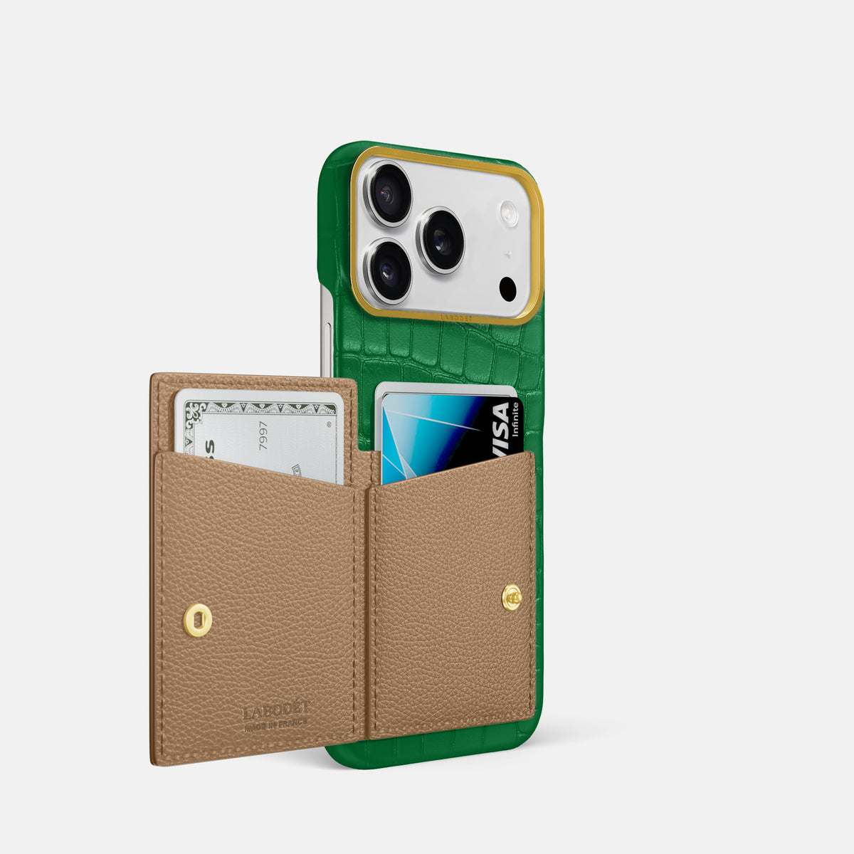 Bi-Fold Case For iPhone 17 Pro In Alligator -2 | Forest-Green-Gold