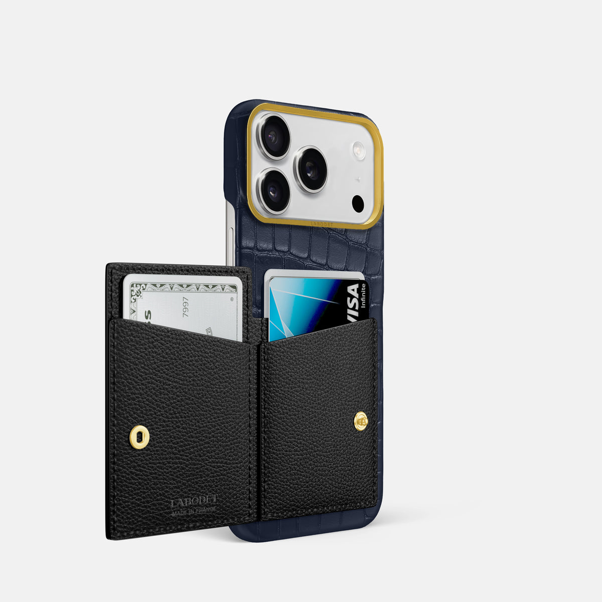 Bi-Fold Case For iPhone 17 Pro In Alligator -2 | Navy-Blue-Gold