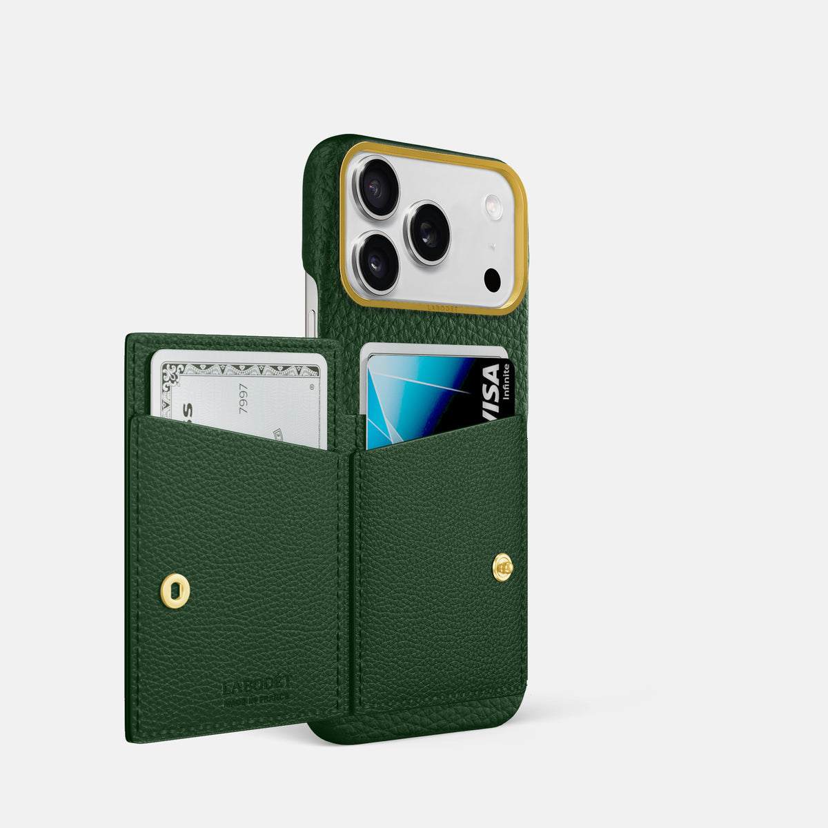 Bi-Fold Case For iPhone 17 Pro In Calf -2 | Dark-Green-Gold