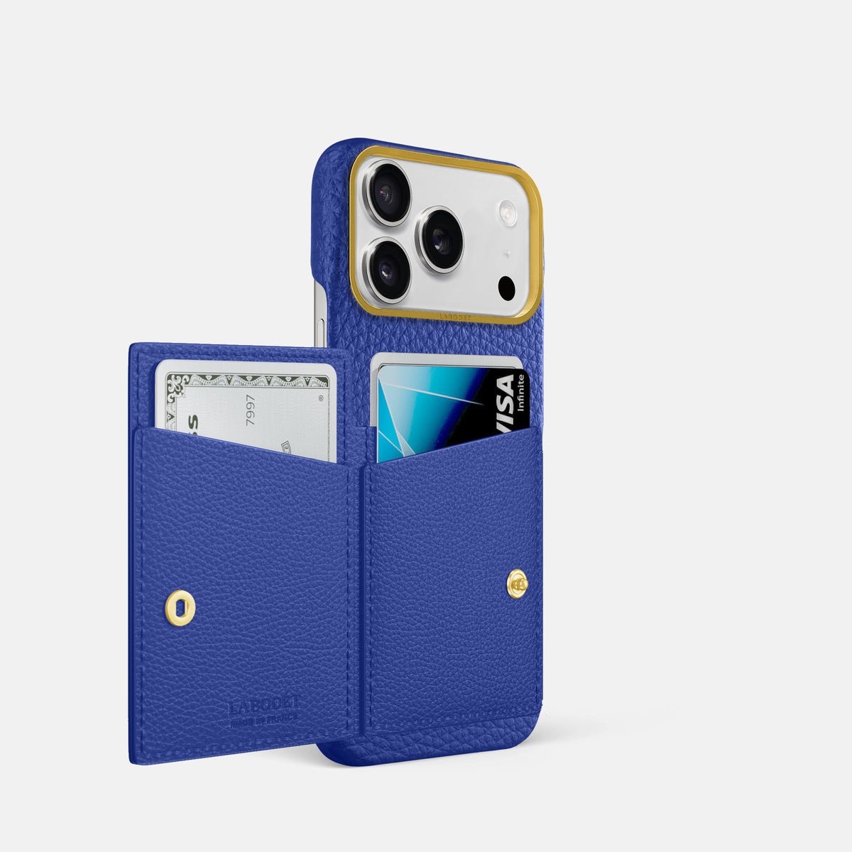 Bi-Fold Case For iPhone 17 Pro In Calf -2 | Royal-Blue-Gold