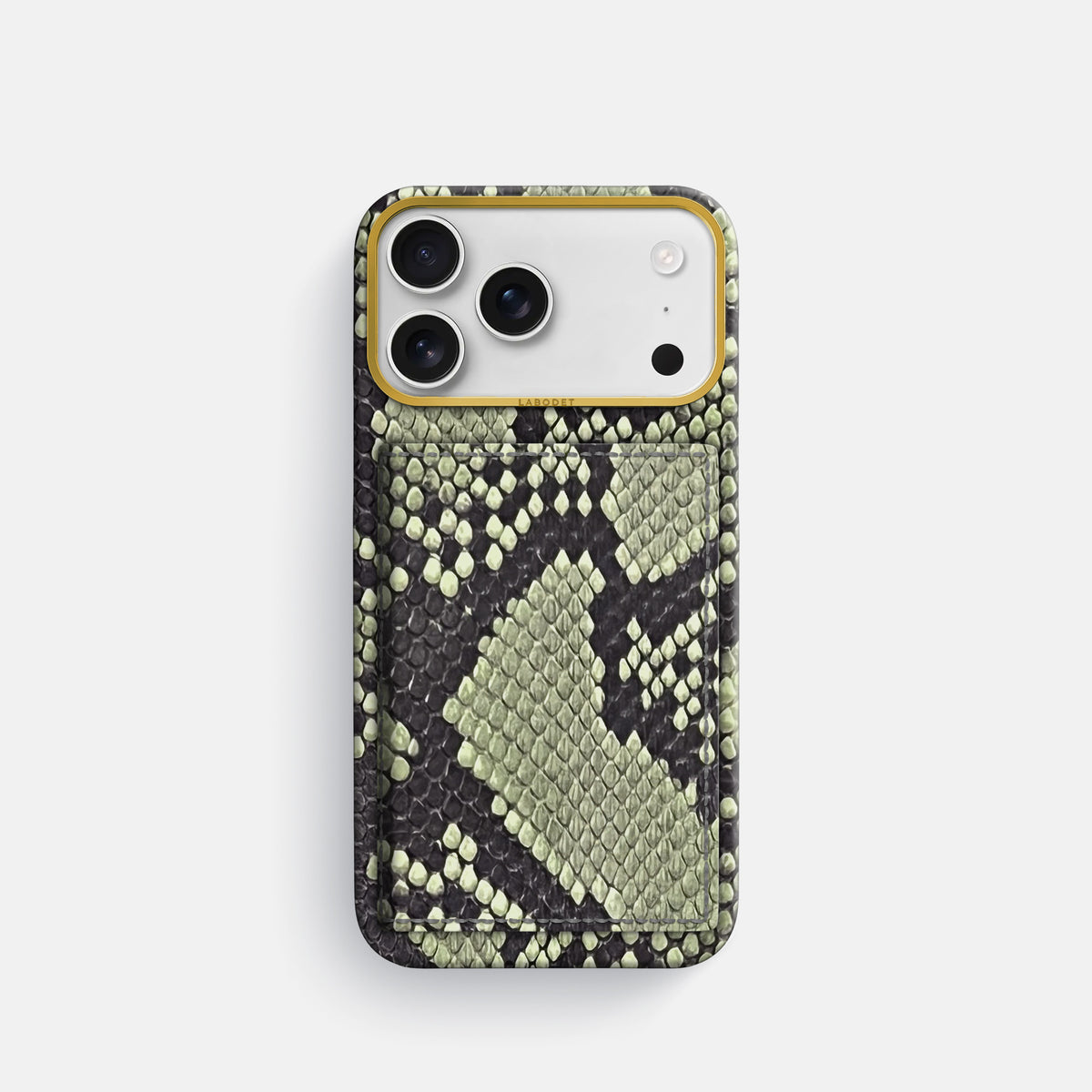 Bi-Fold Case For iPhone 17 Pro In Deluxe Python -1 | Army-Green-Gold