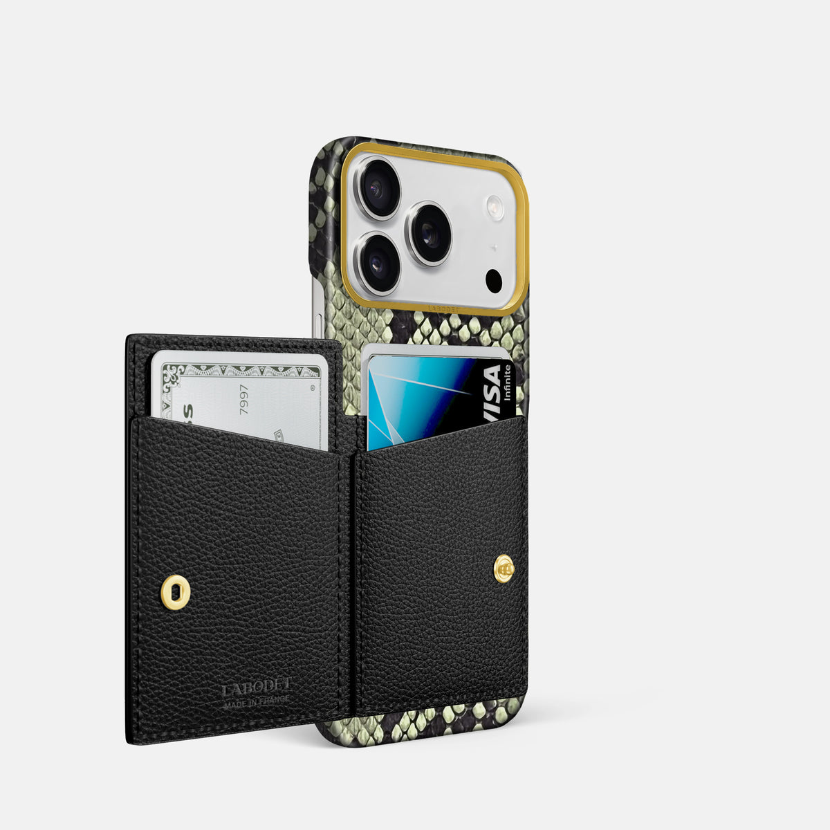 Bi-Fold Case For iPhone 17 Pro In Deluxe Python -2 | Army-Green-Gold