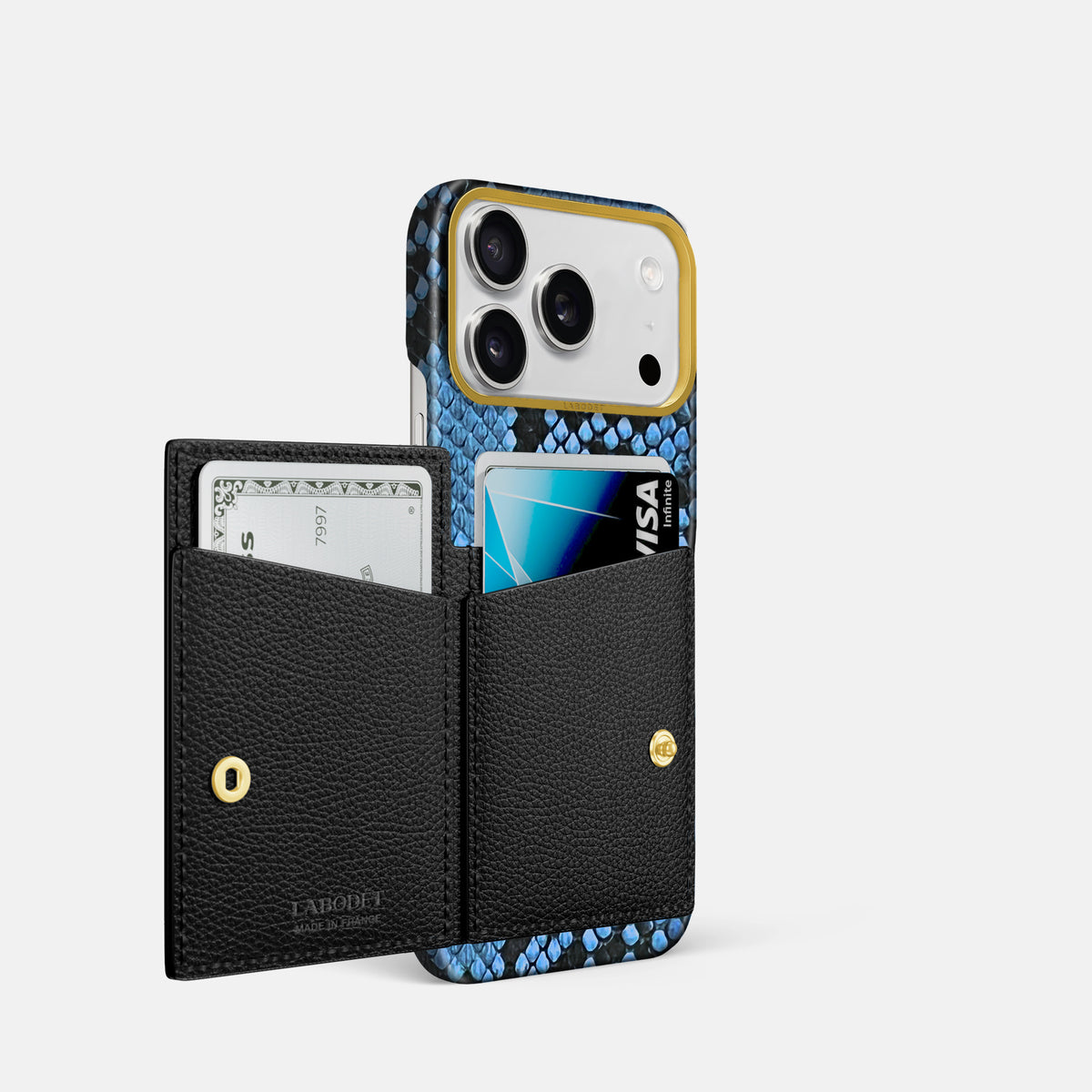 Bi-Fold Case For iPhone 17 Pro In Deluxe Python -2 | Blue-Jeans-Gold