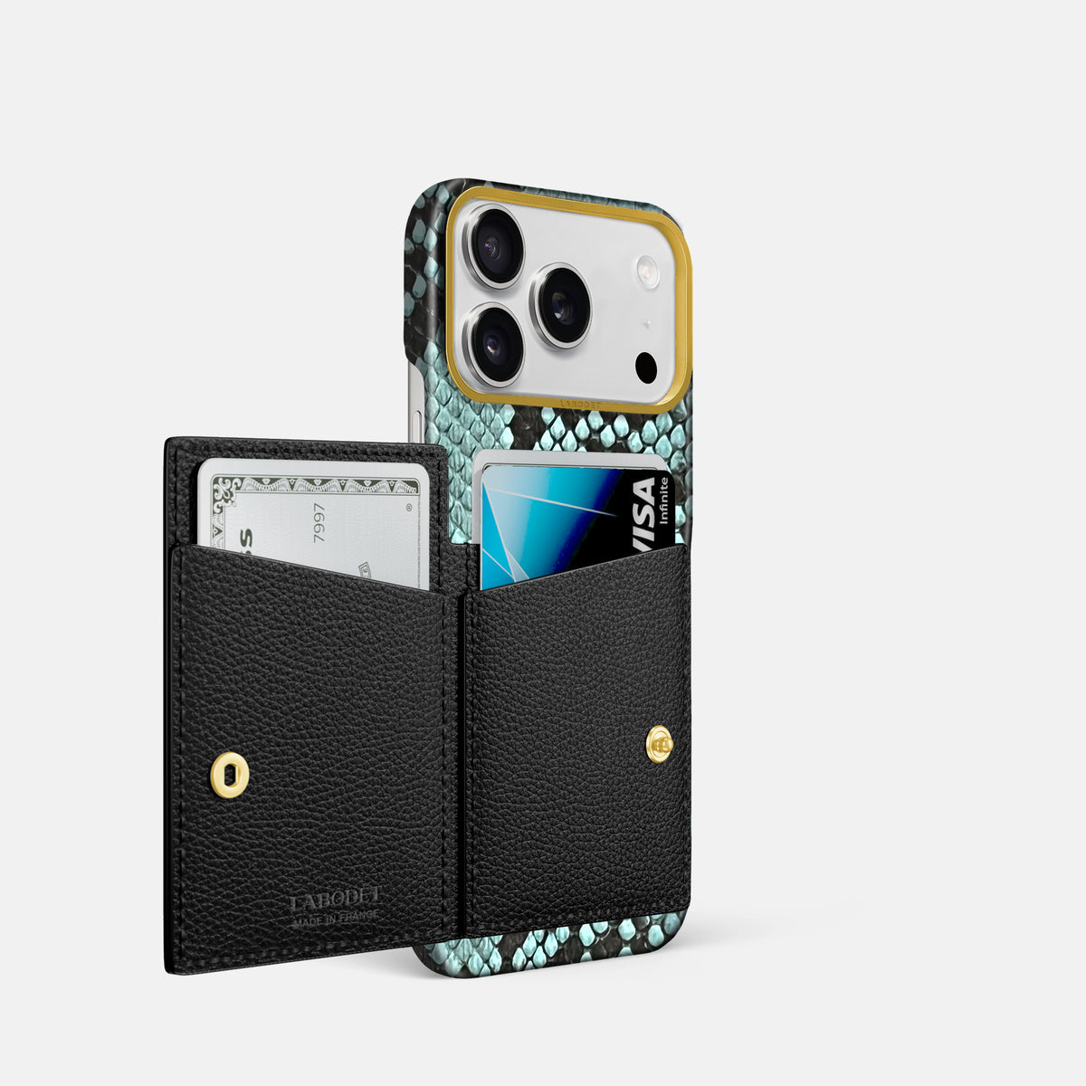 Bi-Fold Case For iPhone 17 Pro In Deluxe Python -2 | Blue-Lagoon-Gold